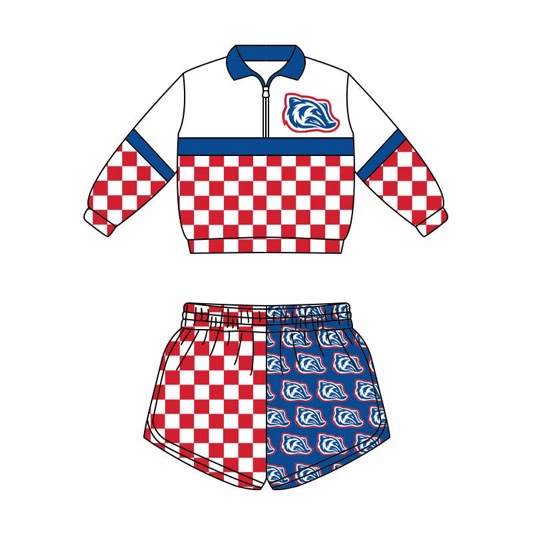 (Custom Design Preorder MOQ 5) Teams Arkadelphia badgers Long Sleeve Zipper Top Red Checkerd Shorts Mommy and Me Outfits