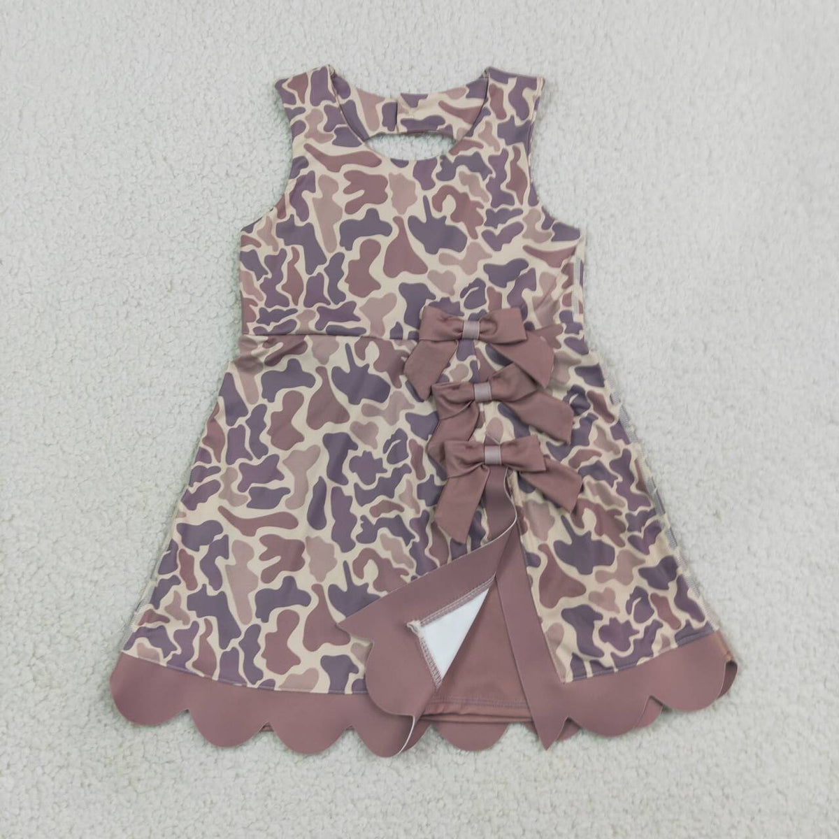 Brown Camo Girls Sleeveless Scallop Bows Yoga Dress