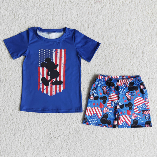 (Promotion)B1-13 Cartoon Mouse Blue Top Stars Shorts Boys 4th of July Clothes Set