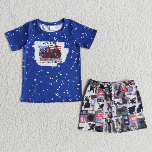 (Promotion)B1-2 Singer Blue Top Flag Shorts Boys 4th of July Clothes Set