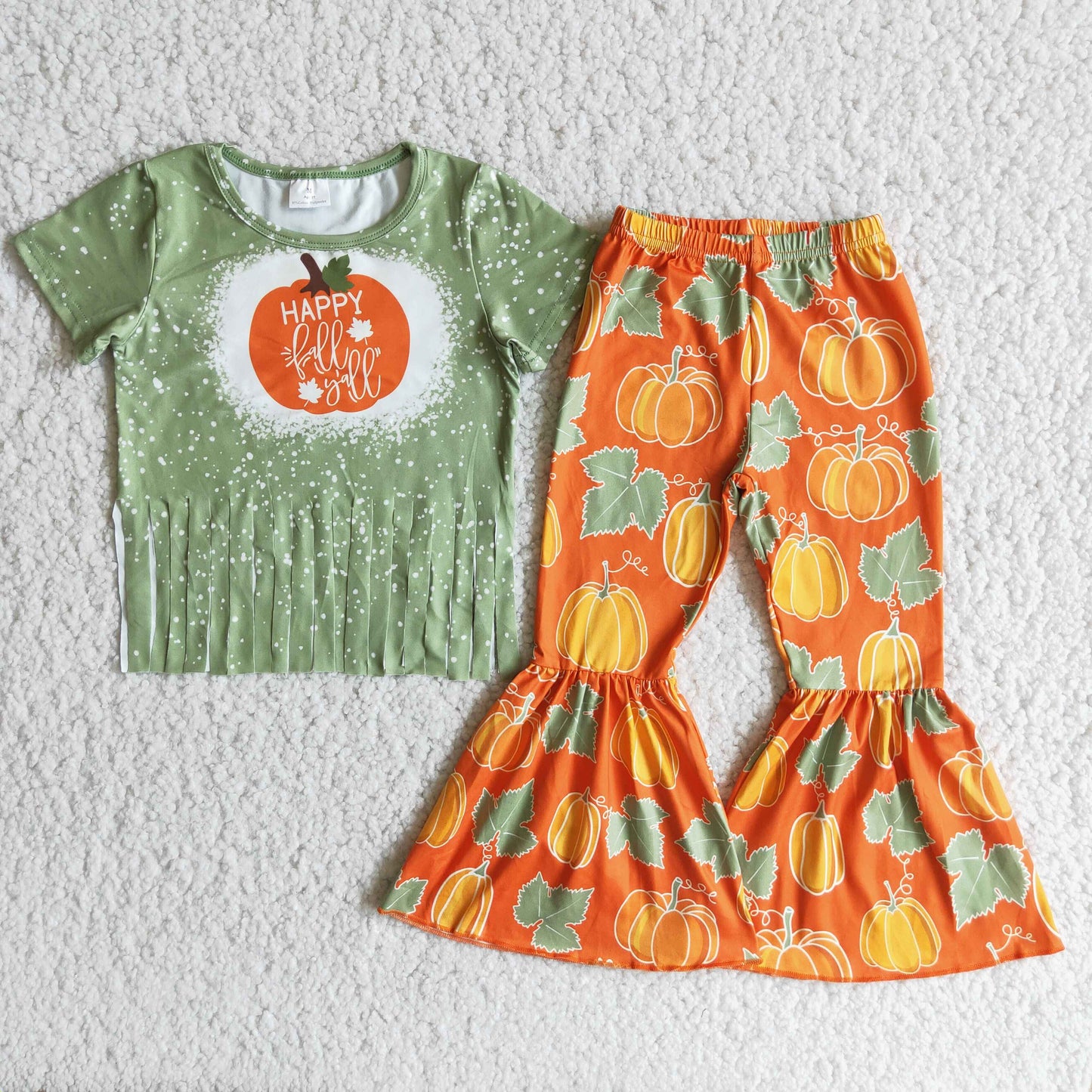 B10-13 Hello Fall Y'all Pumpkin Tassel Top Bell Pants Girls Clothes Set