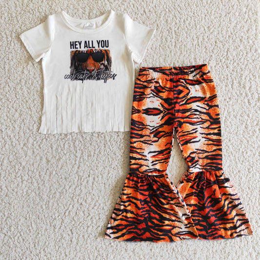 (Promotion) Tiger White Tassels Top Bell Pants Girls Outfits   B12-16