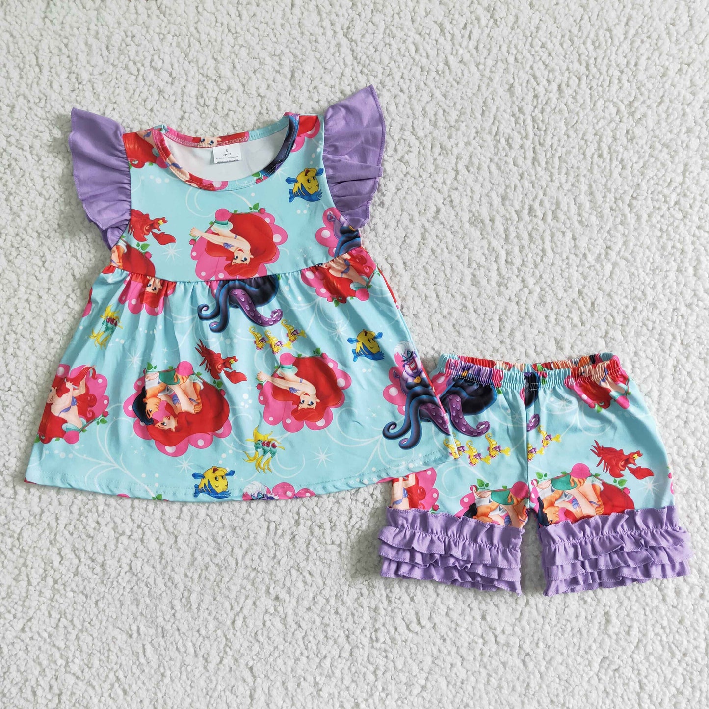 (Promotion)B16-21 Cartoon Princess Mermaid Print Girls Summer Clothes Set