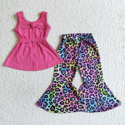 (Promotion)B17-21 Sleeveless Hot Pink Tunic Top Leopard Bell Pants Girls Outfits