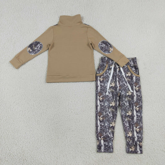 BLP1446 Brown Zipper Pullover Top Branch Pockets Pants Boys Fall Hunting Clothes Set
