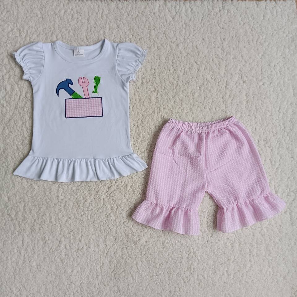 (Promotion)B3-1 Tool Embroidery White Top Pink Shorts Girls Summer Clothes Set