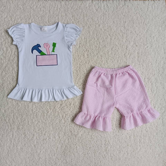 (Promotion)B3-1 Tool Embroidery White Top Pink Shorts Girls Summer Clothes Set