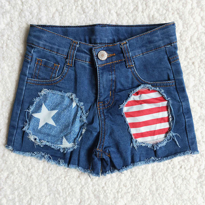 Stars Stripes Hole Blue Denim Baby Girls 4th of July Shorts  B3-10