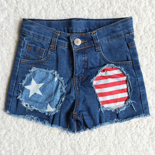 Stars Stripes Hole Blue Denim Baby Girls 4th of July Shorts  B3-10