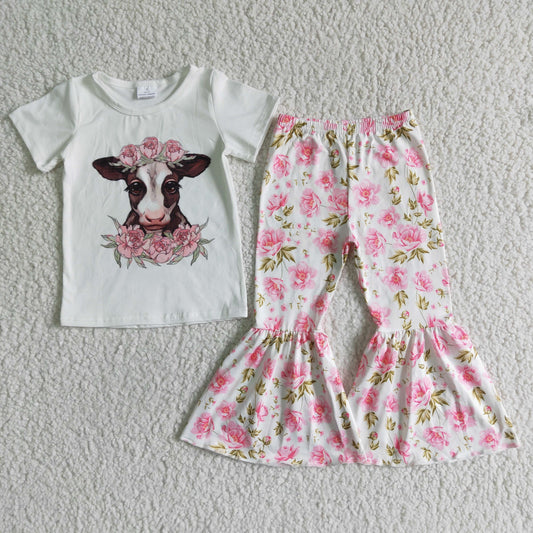 (Promotion)B7-11 Heifer Flowers White Top Bell Pants Girls Clothes Set