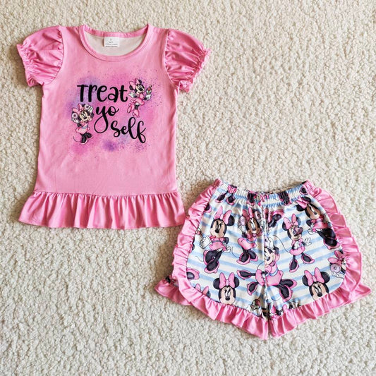 (Promotion) B7-12 Cartoon Mouse Pink Top Ruffle Shorts Girls Summer Outfits