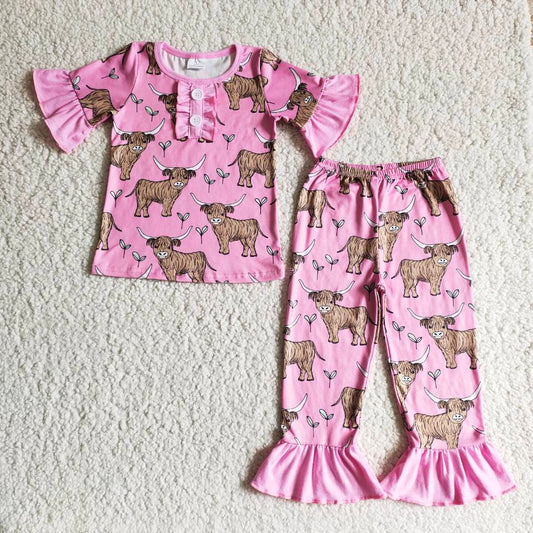 (Promotion) B7-25 Highland Cow Pink Girls Pajamas Outfits