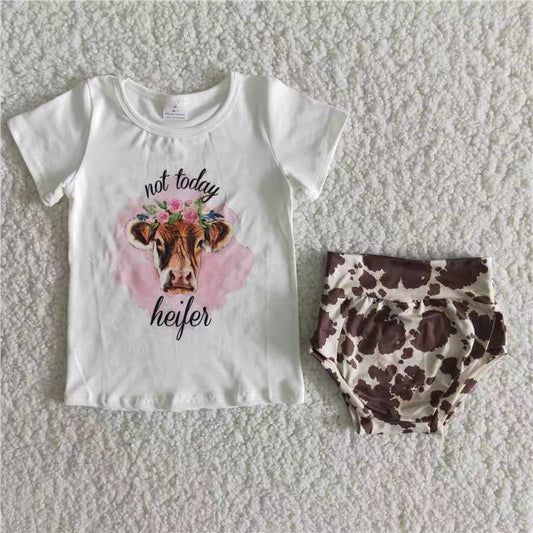 B8-12 Heifer Flowers White Top Cowhide Shorts Baby Girls Bummie Set