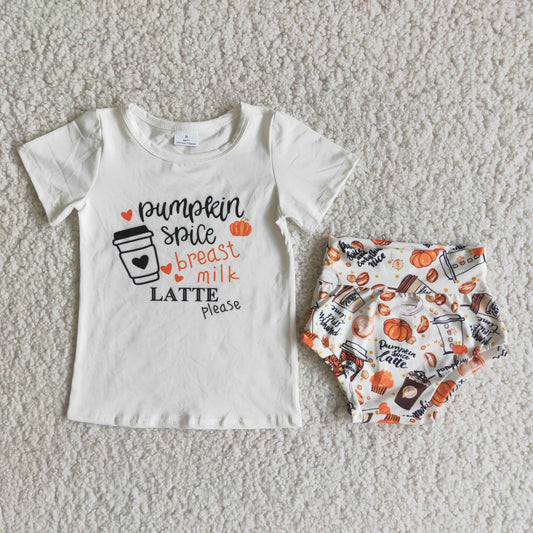B8-9 Fall Pumpkin Coffee Baby Girls Bummie Set