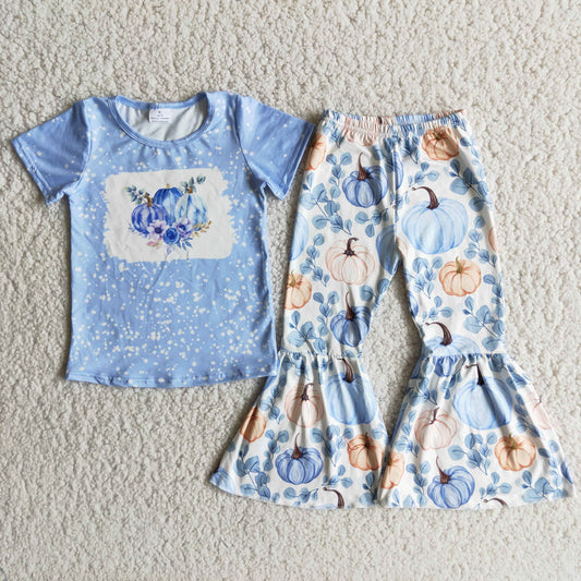 B9-13 Pumpkin Flowers Blue Top Bell Pants Girls Fall Clothes Set