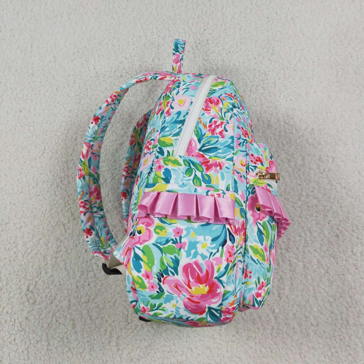 BA0176 Green Pink Flowers Backpack Baby Kids Girls Ruffle Back Bags