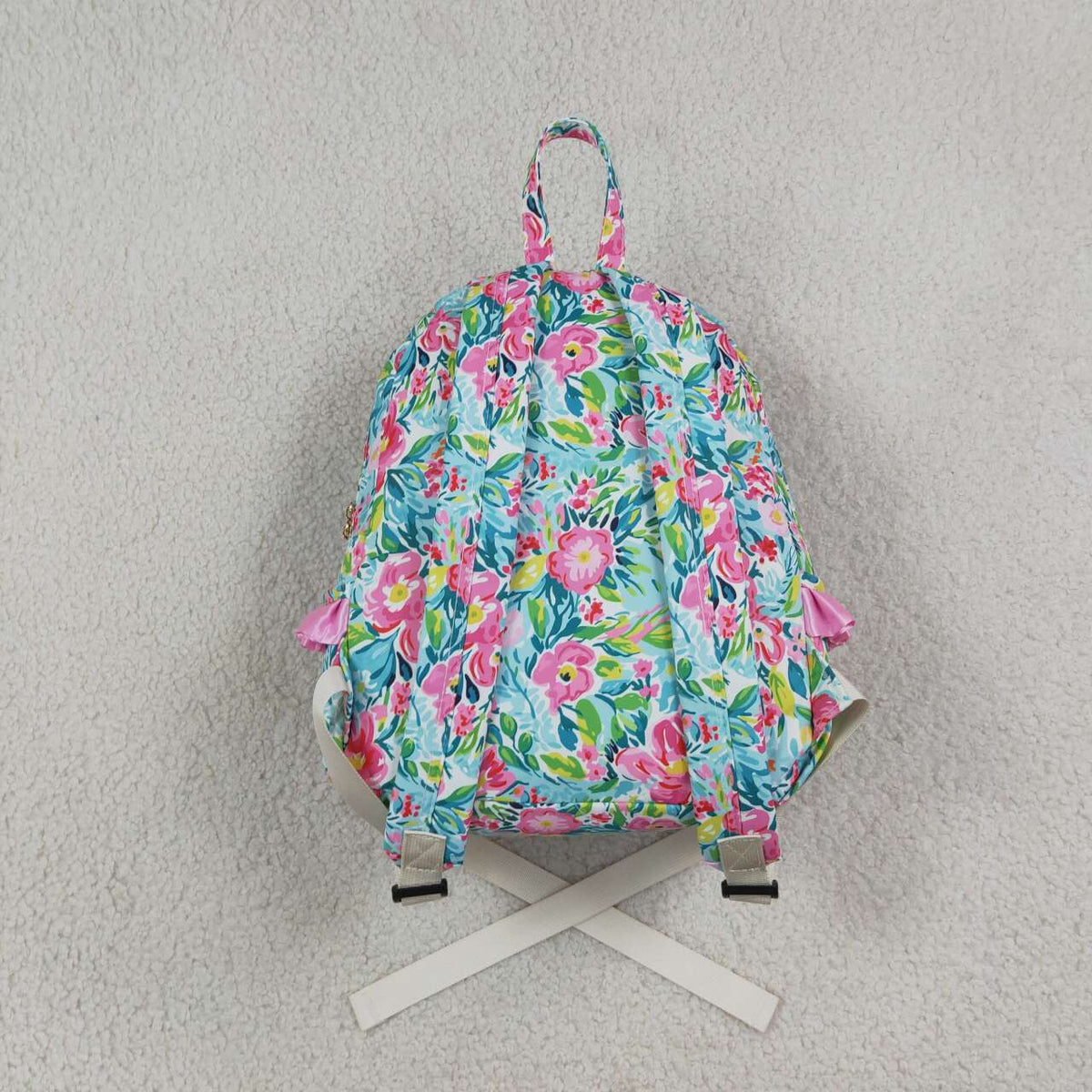 BA0176 Green Pink Flowers Backpack Baby Kids Girls Ruffle Back Bags