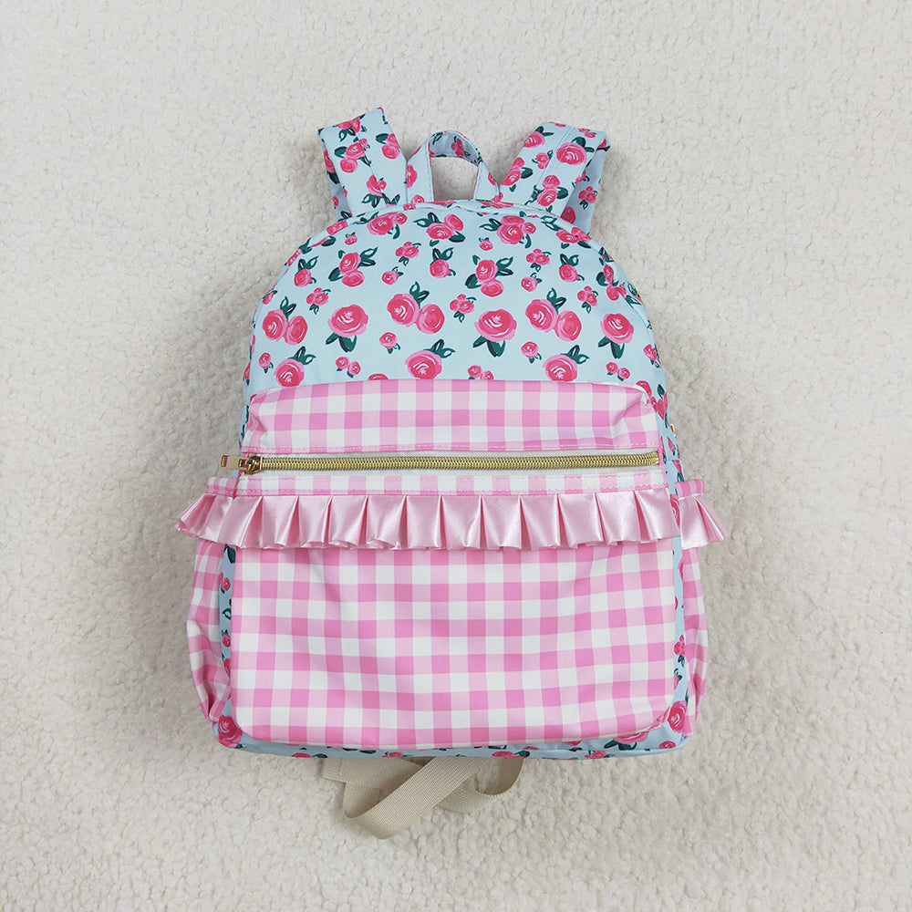 Baby Kids Girls Pink Flowers Checkered Backpack Zip Back Bags