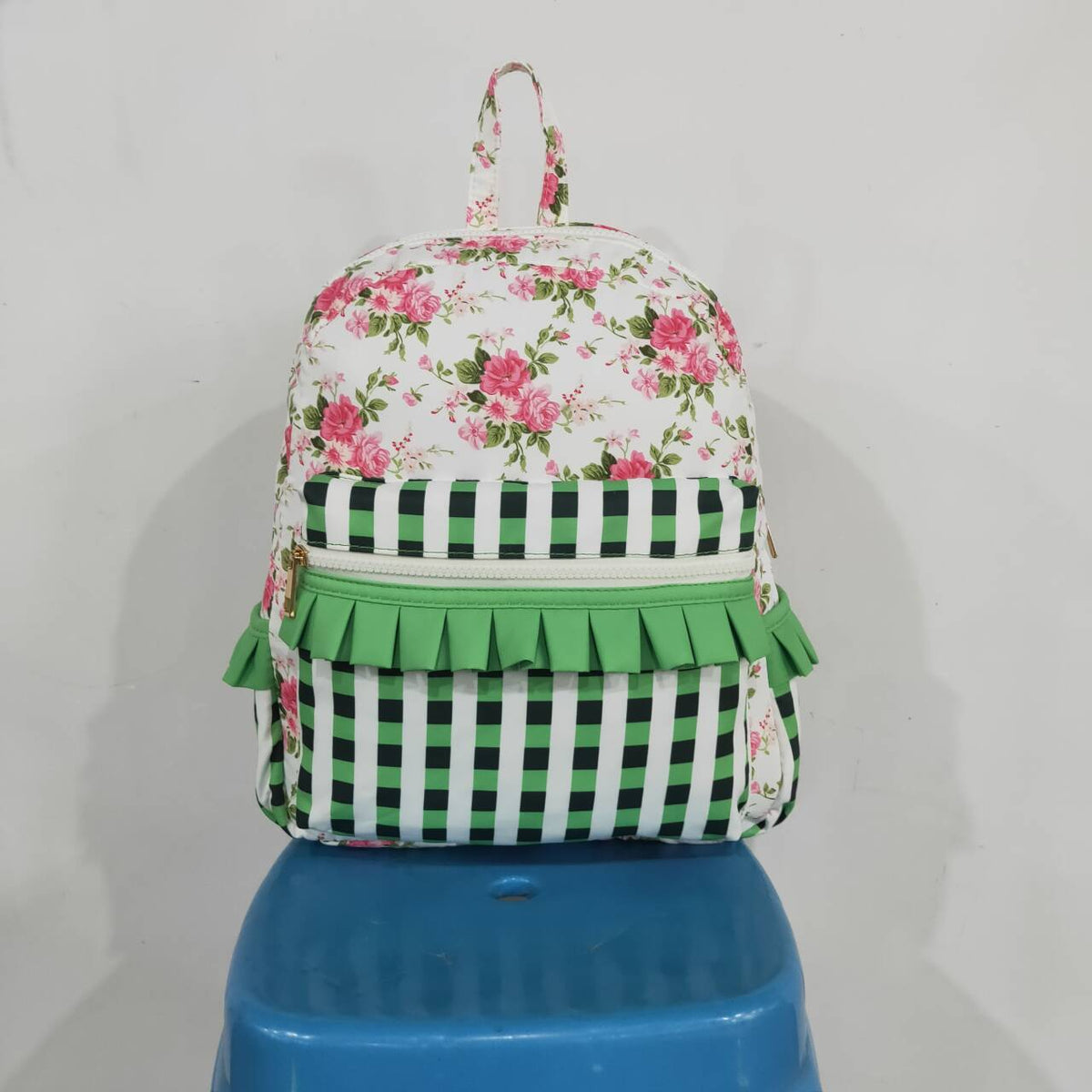 BA0218 Flowers Checkered Print Baby Kids Girls Ruffle Backpack Back Bags