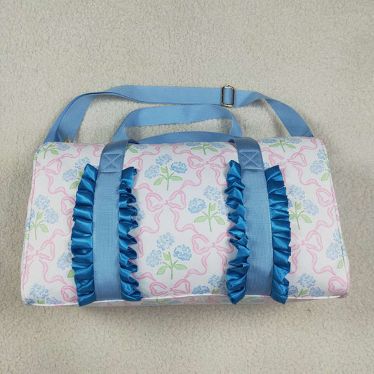 BA0294 Blue Ruffle Pink Bows Floral Gym Duffle Bags