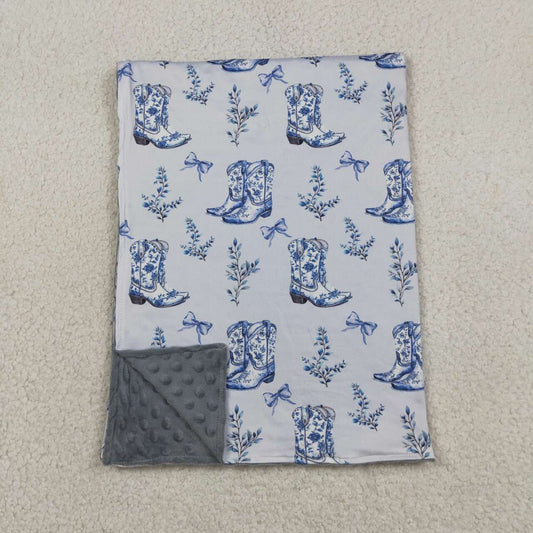 BL0229 Boots Flowers Bows Blue Baby Girls Western Blanket