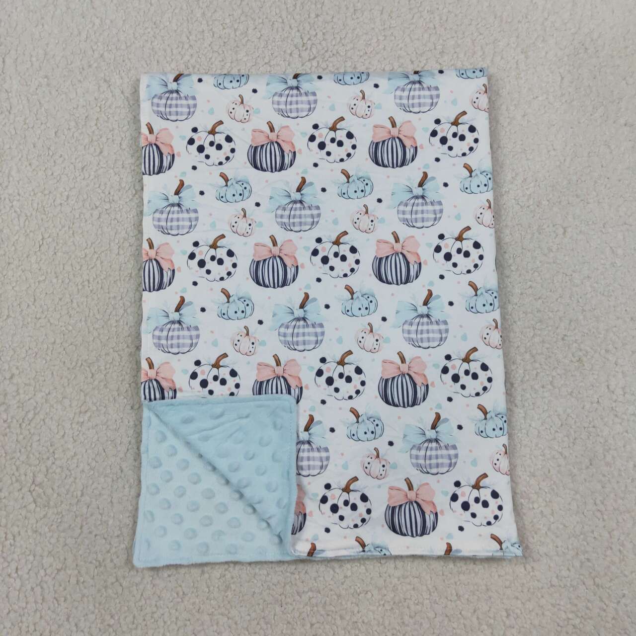 BL0253 Pumpkin Bows Blue Print Baby Girls Fall Blanket