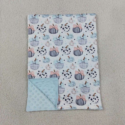 BL0253 Pumpkin Bows Blue Print Baby Girls Fall Blanket