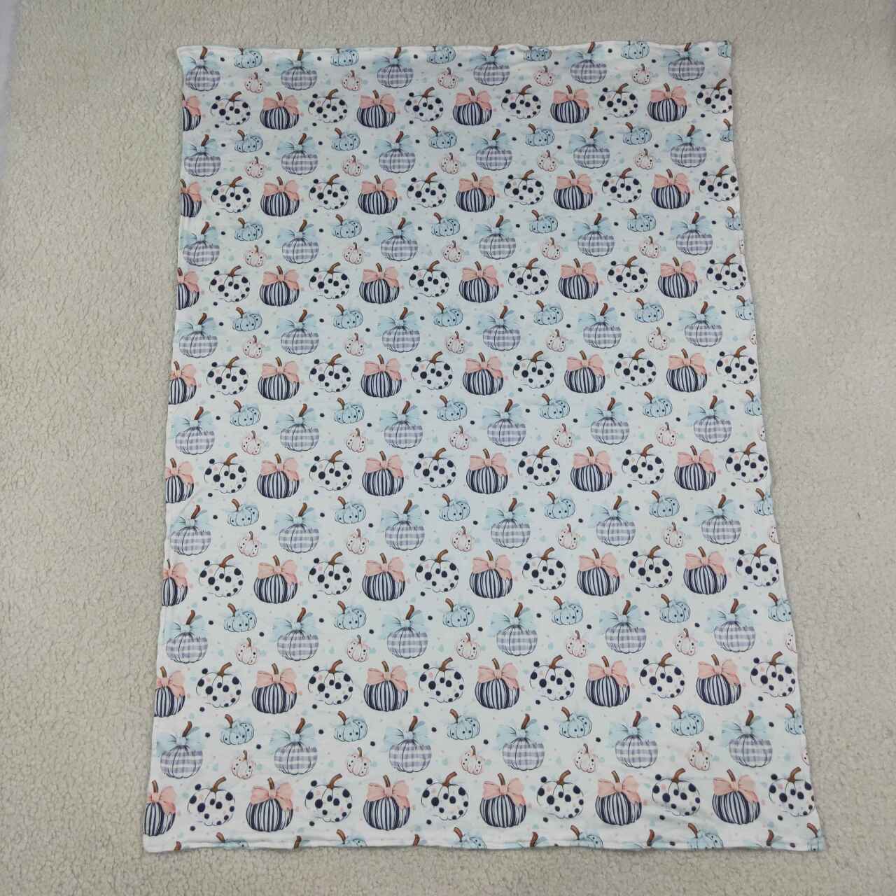 BL0253 Pumpkin Bows Blue Print Baby Girls Fall Blanket