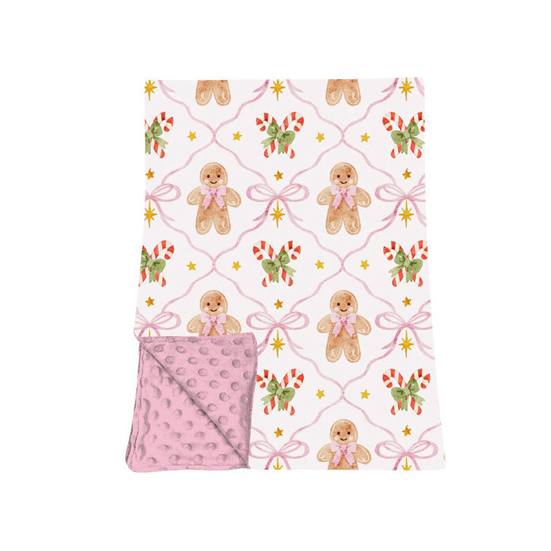 7.29 BL0271 Preorder Gingerbread Bows Candy Cane Pink Print Baby Girls Christmas Blanket