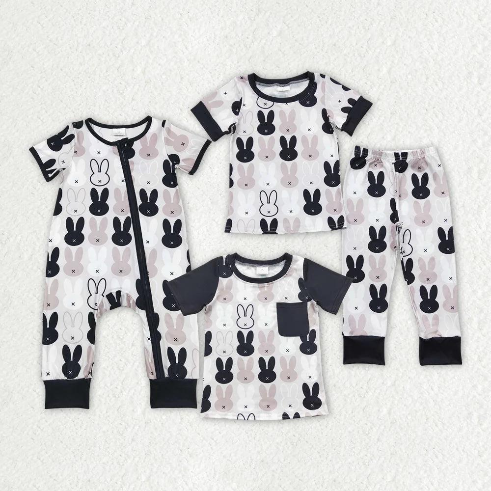Sibling Baby Boys Raster Black Rabbits Short Sleeve Pajam  Set Romper T-shirts