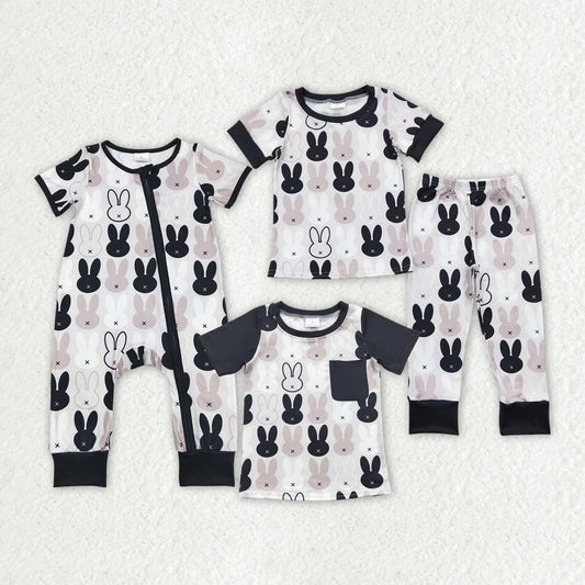 Sibling Baby Boys Raster Black Rabbits Short Sleeve Pajam  Set Romper T-shirts