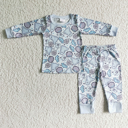 BLP0001 Ghost Pumpkin Blue Print Boys Halloween Pajamas Clothes Set