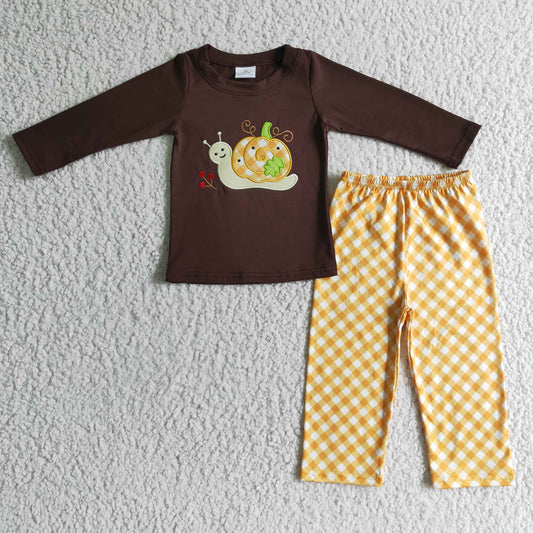 BLP0017 Pumpkin Snail Embroidery Brown Top Plaid Pants Boys Fall Clothes Set