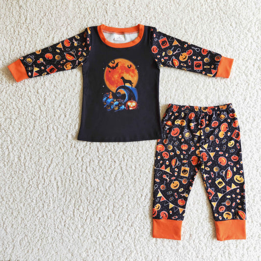 BLP0024Pumpkin Print Boys Halloween Pajamas Clothes Set