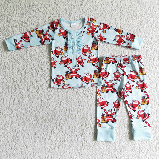 BLP0027 Santa Blue Print Girls Christmas Pajamas Clothes Set