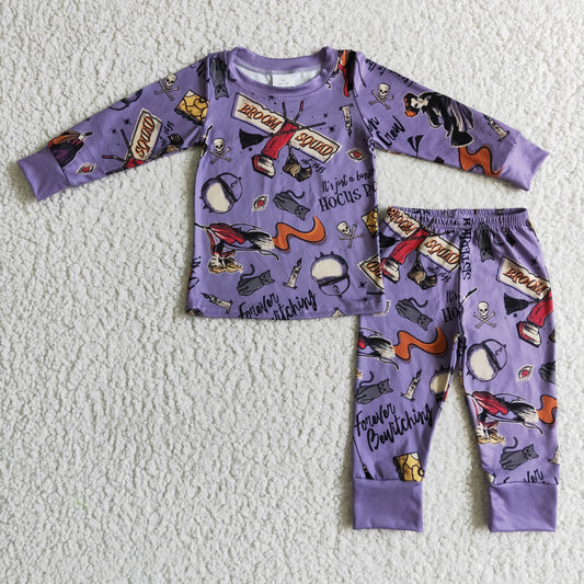 BLP0035 Witch Purple Print Kids Halloween Pajamas Clothes Set