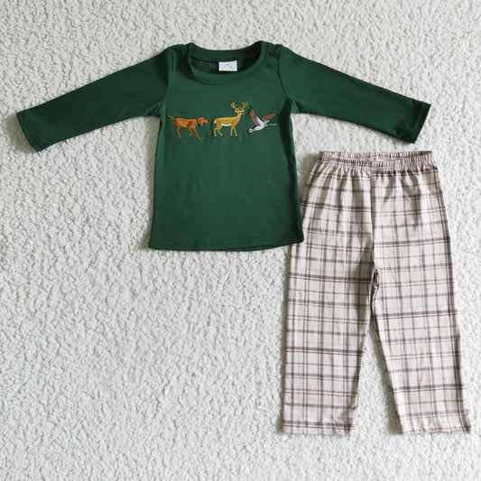 BLP0064 Animals Embroidery Green Top Checkered Pants Boys Hunting Clothes Set