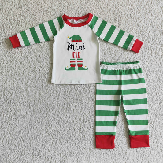 BLP0066 Cartoon Shelf Mini Stripes Print Kids Christmas Pajamas Clothes Set
