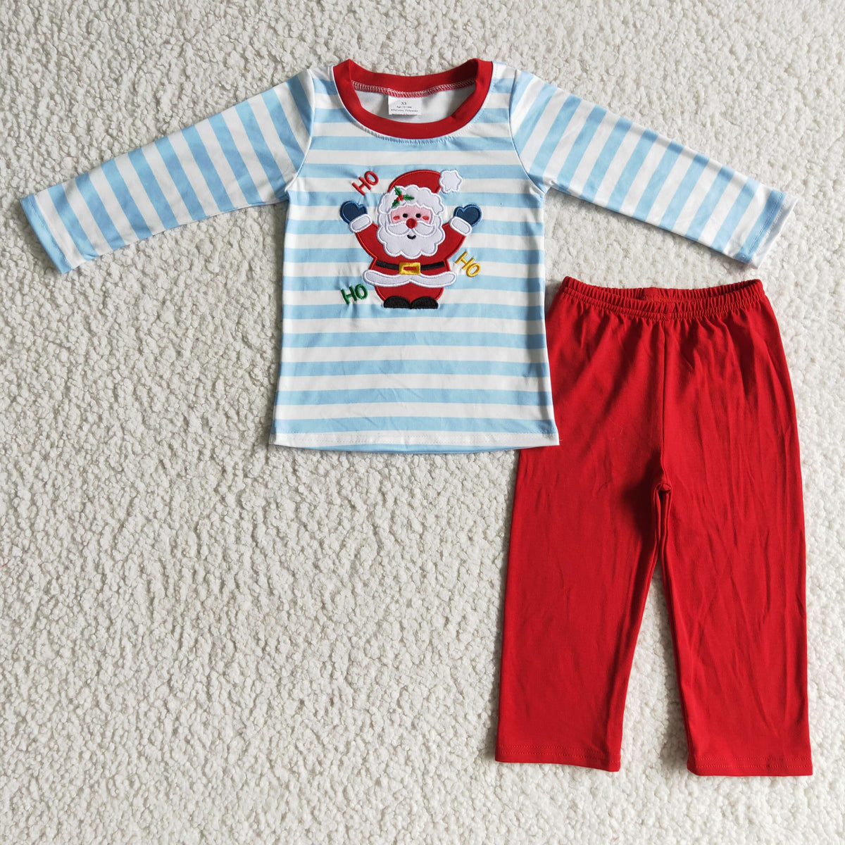 BLP0067 Santa Embroidery Blue Stripes Top Red Pants Boys Christmas Clothes Set