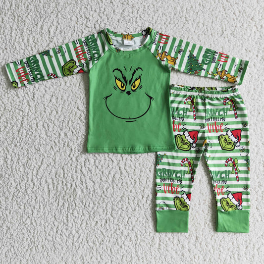 BLP0085 Green Frog Smiling Stripes Print Kids Christmas Pajamas Clothes Set