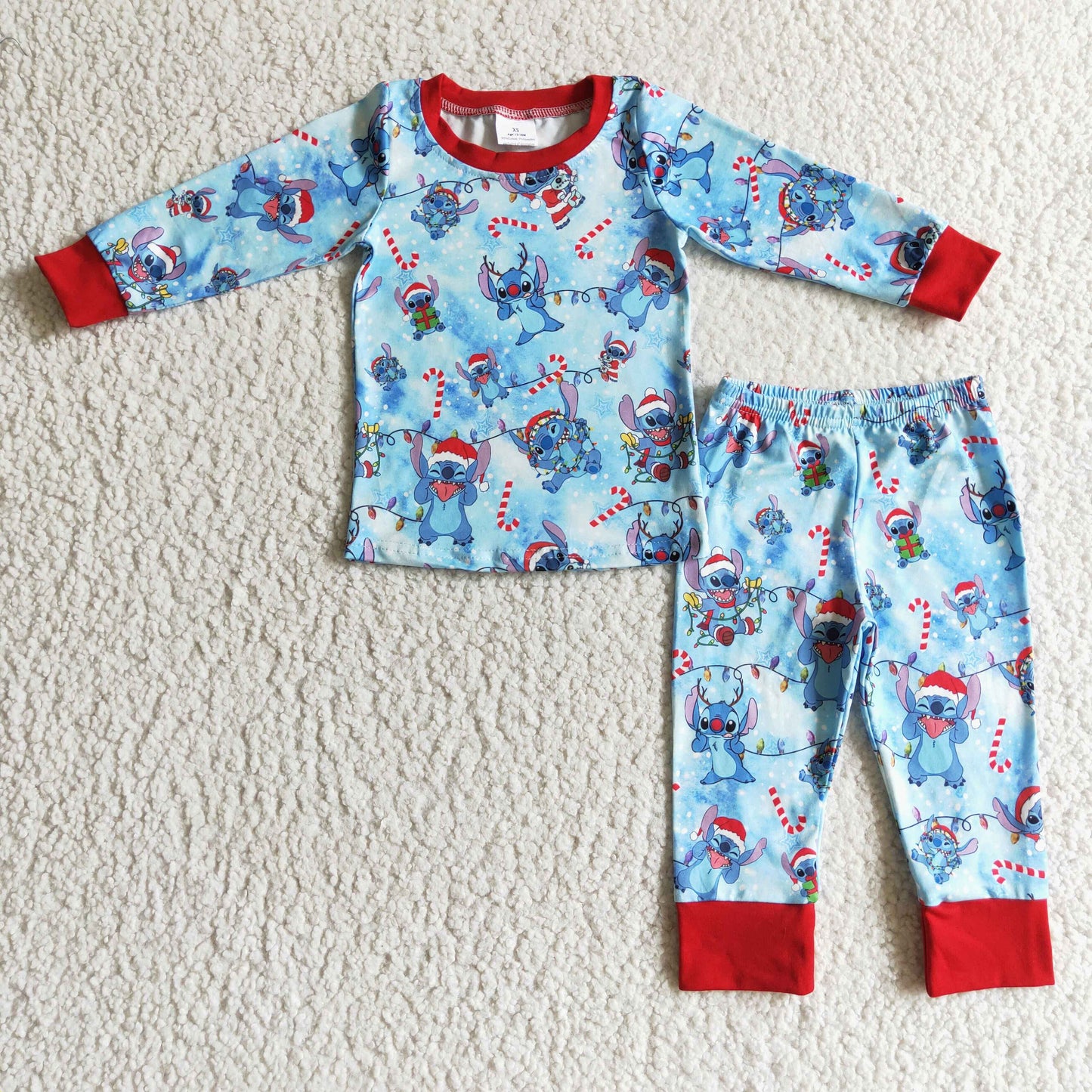BLP0096 Stitc* Candy Cane Blue Print Boys Christmas Pajamas Clothes Set
