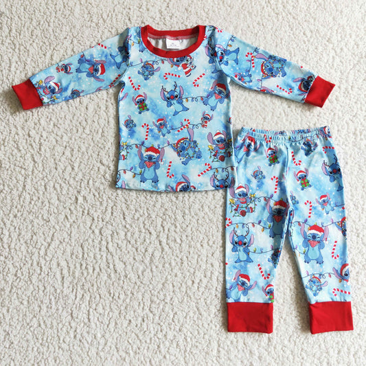 BLP0096 Stitc* Candy Cane Blue Print Boys Christmas Pajamas Clothes Set