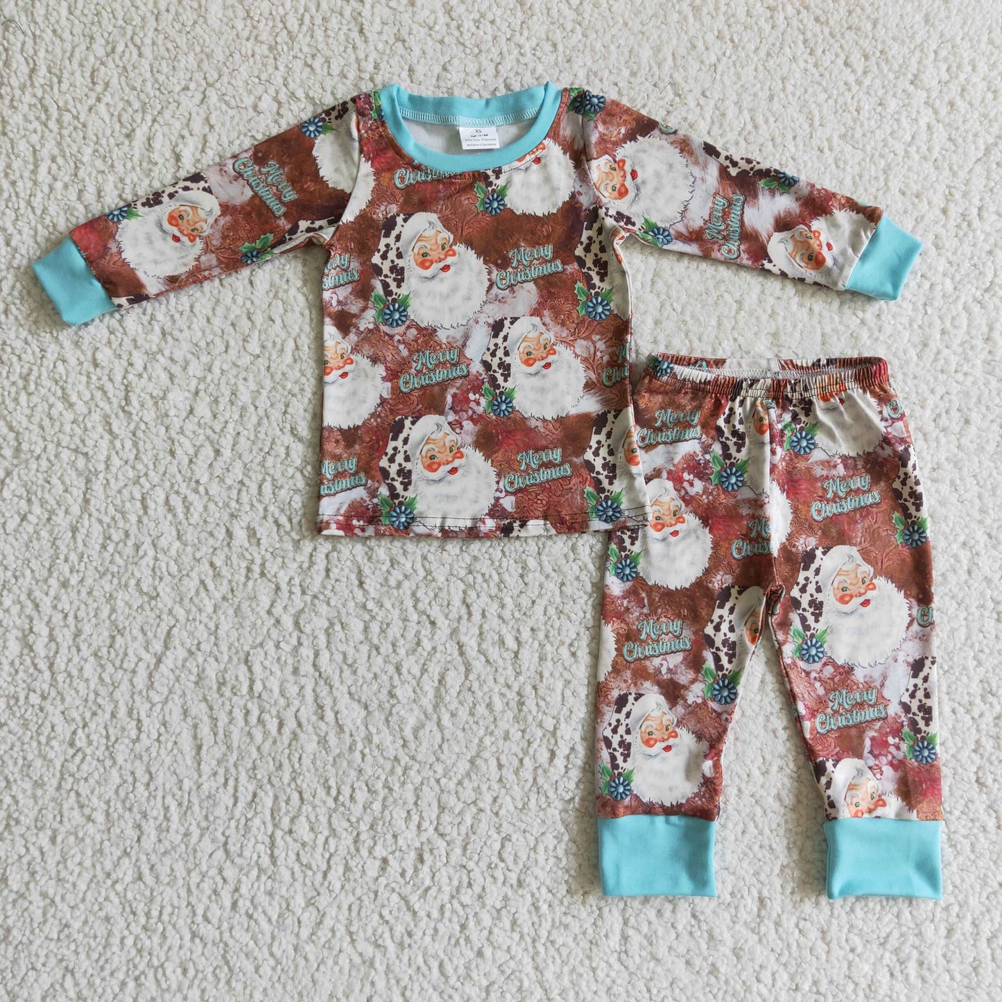 BLP0097 Santa Turquoise Holly Print Kids Christmas Pajamas Clothes Set