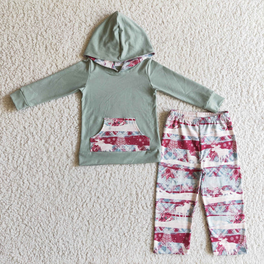 BLP0102 Baby Boy 2 Piece Hoodie Set Sage Green Moose Winter Pattern Long Sleeve Top Matching Jogger Pants