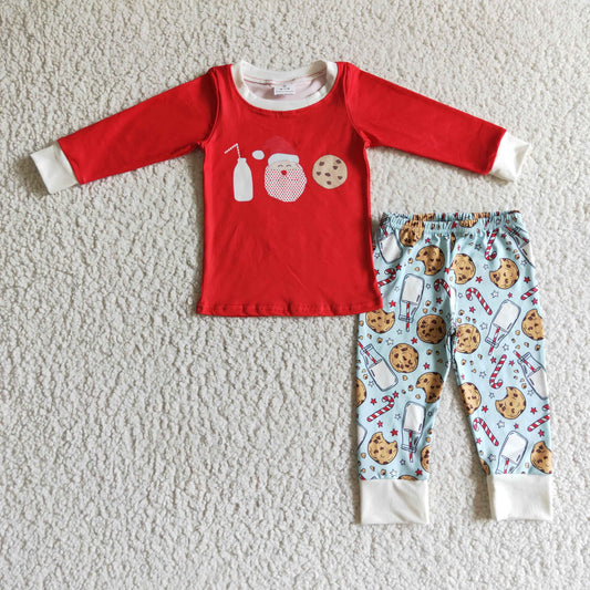 BLP0104 Cookies Santa Milk Red Top Blue Pants Boys Christmas Pajamas Clothes Set