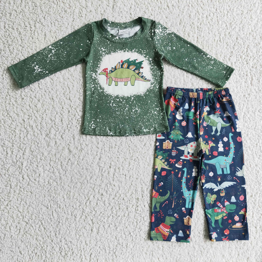 BLP0105 Dinosaur Green Print Boys Christmas Clothes Set
