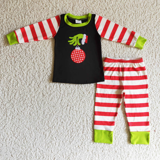 BLP0108 Green Frog Embroidery Top Red Stripes Pants Boys Christmas Pajamas Clothes Set