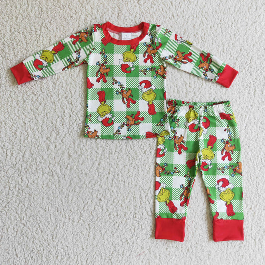 BLP0121 Green Frog Checkered Print Boys Christmas Pajamas Clothes Set