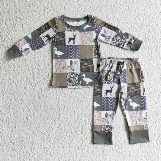 BLP0132 Animals Checkered Camo Print Boys 2pcs Pajamas Clothes Set