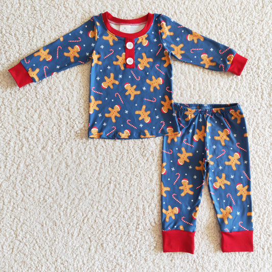 BLP0134 Gingerbread Candy Cane Print Boys Christmas Pajamas Clothes Set